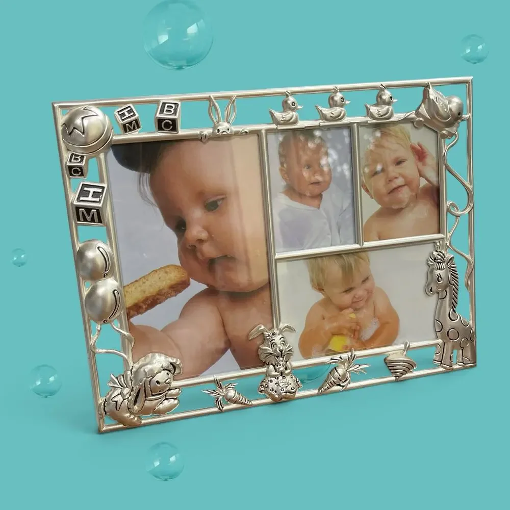 NIB Vtg. Baby Collage Picture Frame Silver Metal Nursery Duck Bunny Giraffe Lamb